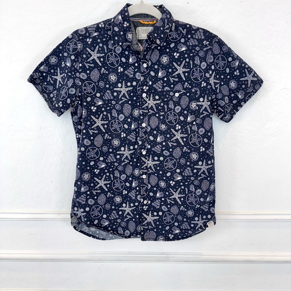 Free Planet Mens Short Sleeve Button Up Shirt Navy Blue Nautical Print‎ Medium